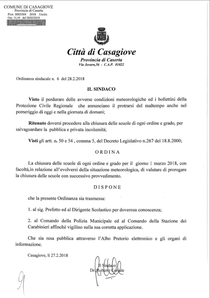 IMG 0778 CASAGIOVE, IL SINDACO CORSALE PROLUNGA LA CHIUSURA DELLE SCUOLE