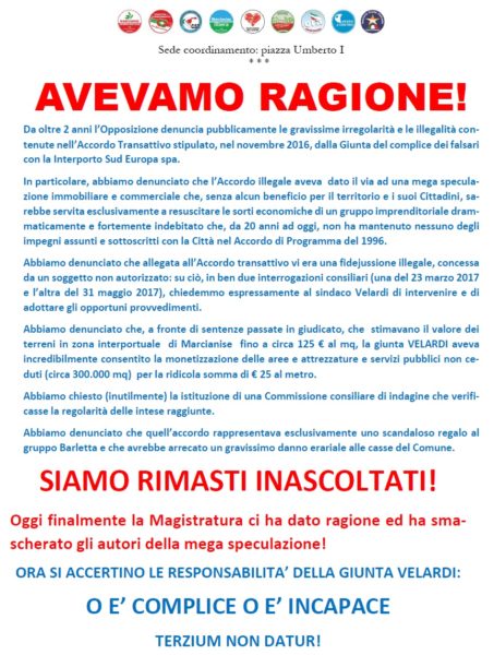 manifesto marcianise INTERPORTO, LOPPOSIZIONE: AVEVAMO RAGIONE