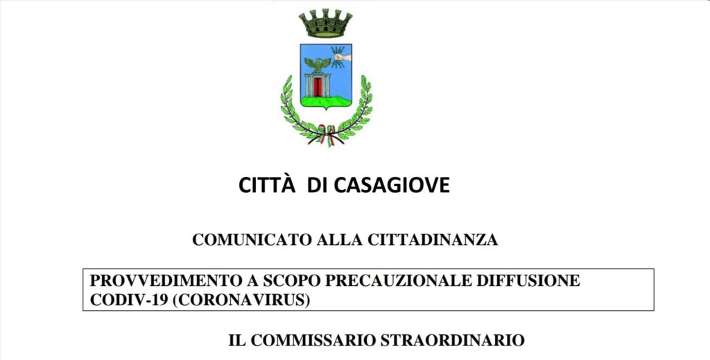 %name CASAGIOVE, CODIV  19: IL COMMISSARIO STRAORDINARIO FRACASSI EMANA PROVVEDIMENTO  PRECAUZIONALE