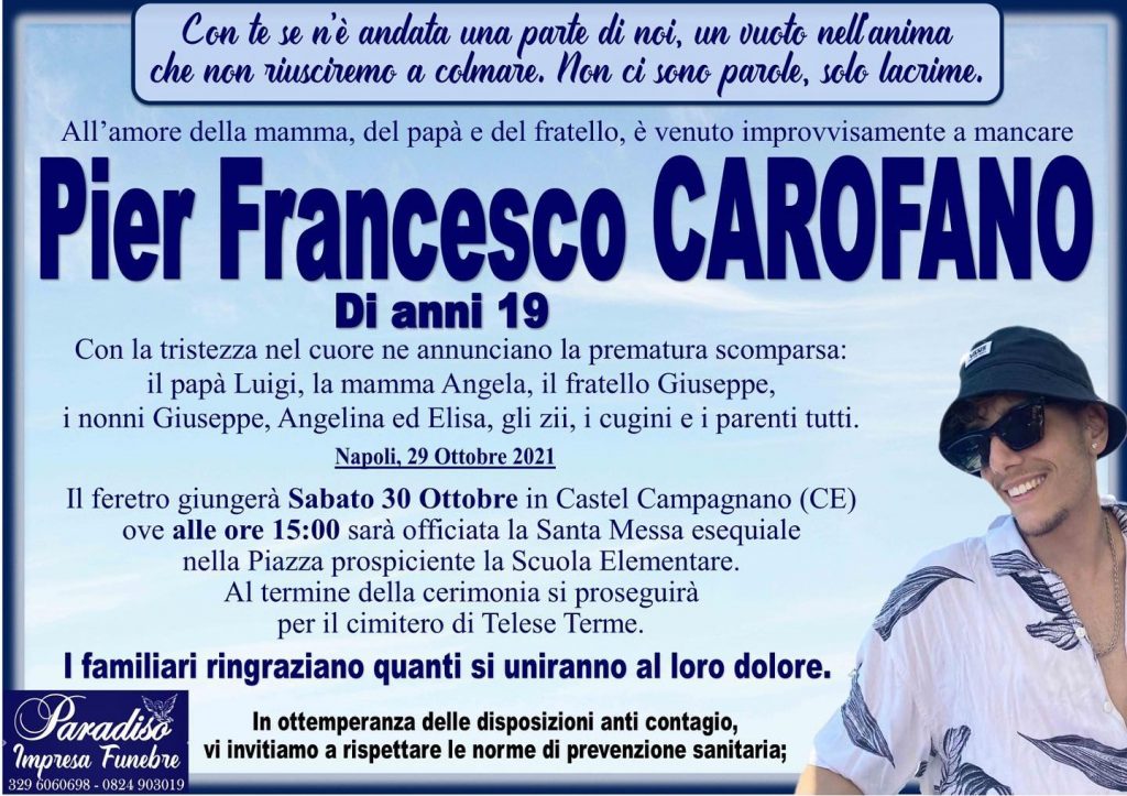 Pier Francesco Caorfano funerali 1024x723 CASTEL CAMPAGNANO, OGGI I FUNERALI DEL GIOVANE PIER FRANCESCO CAROFALO
