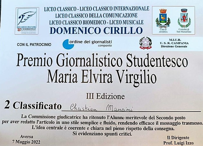 premio studentesco CONCORSO GIORNALISTICO LICEO MANZONI: SUL PODIO CHRISTIAN MANCINI