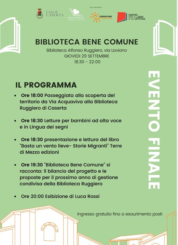locandina 29 settembre 2022 CASERTA, DOMANI FESTA DI CHIUSURA DEL PROGETTO BIBLIOTECA BENE COMUNE