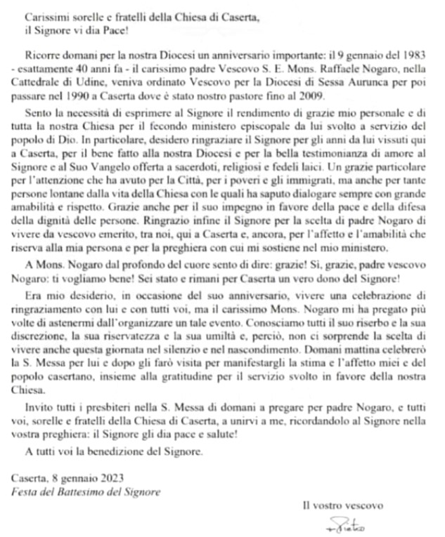 lettera vescovo Nogaro 40 ANNI DI EPISCOPATO, NOGARO SCRIVE AI CASERTANI