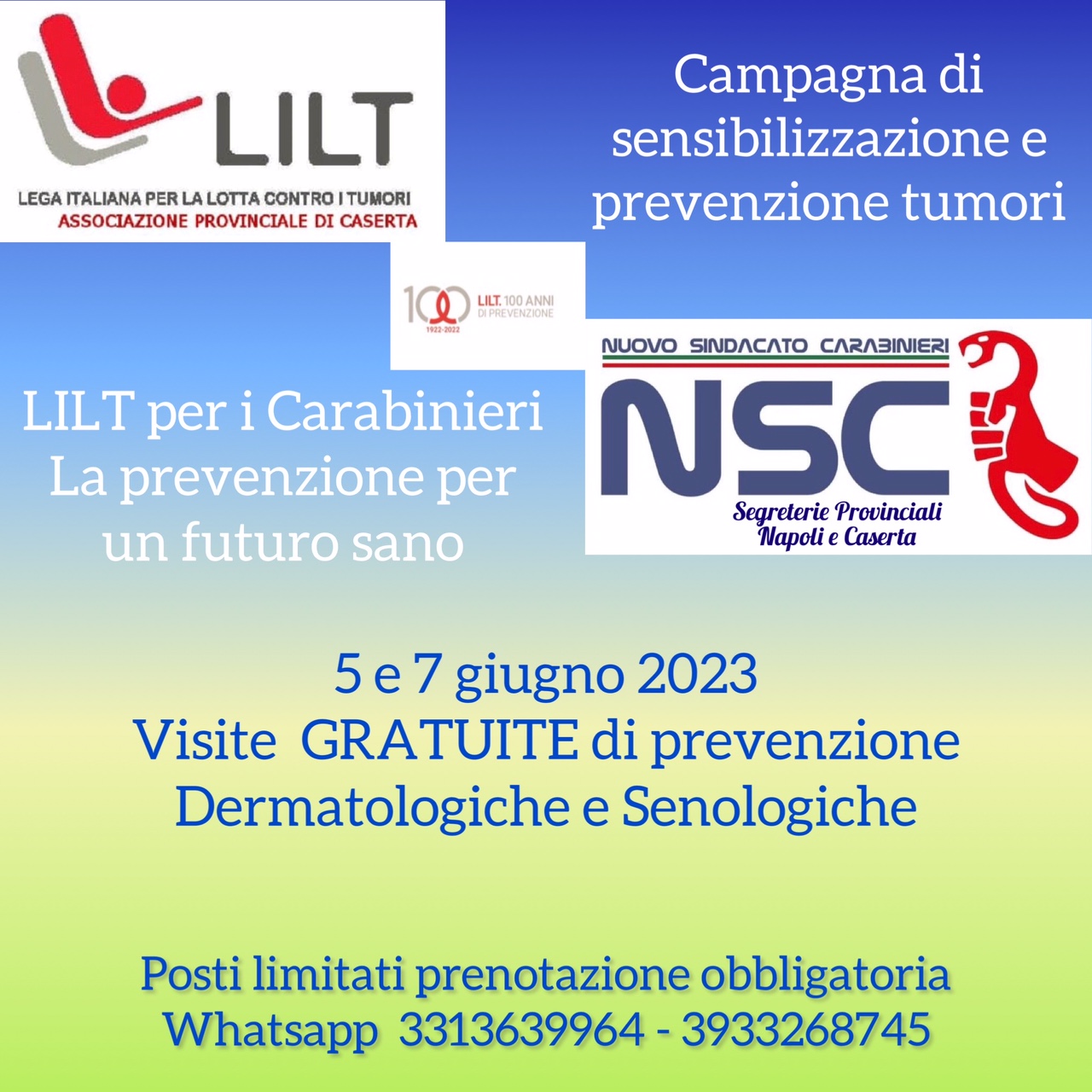 Locandina visite oncologiche LILT LILT CASERTA ACCANTO A NSC: CAMPAGNA DI PREVENZIONE ONCOLOGICA PER I CARABINIERI